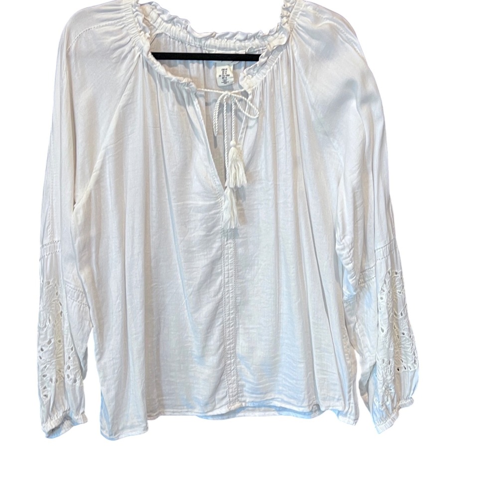 L.O.G.G. White Eyelet Sleeve Boho Peasant Blouse Top Size US‎ 14 Ruffle Tie Neck